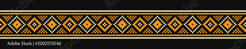 Seamless embroidery ribbon pattern folk border orange and yellow isolated on black, Ukrainian Vyshyvanka geometric ornament