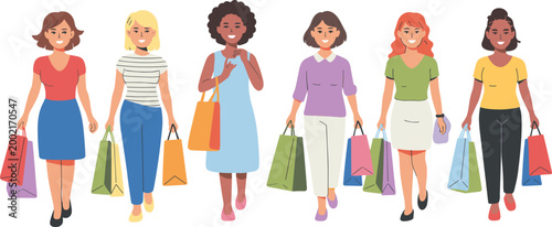 Colorful shopping people illustration with casual fashion styles carrying bags in group retail activity