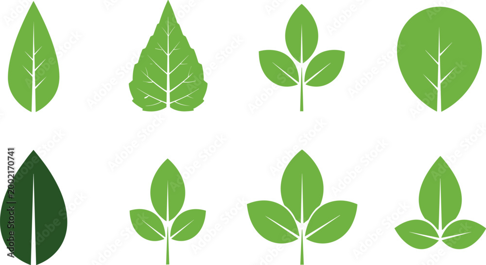 Fototapeta premium Green Leaf Icon Set with Simple Botanical Plant Symbols Nature Foliage Elements for Eco Friendly Design Organic Branding and Environmental Projects.