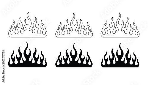 Set of six flame in black and white outline and solid black filled versions fire