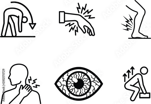 black and white line icons of various body parts with pain  health issues
