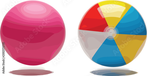 Glossy Beach Balls Set with Solid and Multicolor Design, Summer Toy Illustration for Pool Party, Vacation and Seaside Fun