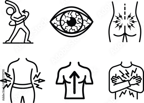 Black line icons of various body pains and injuries