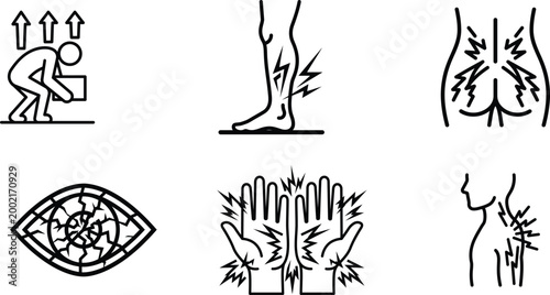 line drawings of various body parts with pain  health issues and injuries