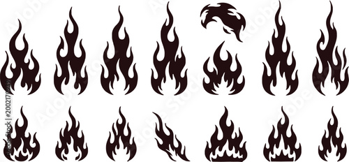 Set of twelve dark red flame silhouettes with various shapes isolated on a black background