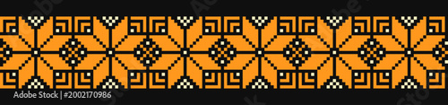 Seamless embroidery ribbon pattern folk border orange and yellow isolated on black, Ukrainian Vyshyvanka