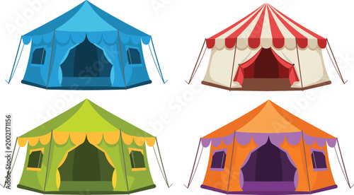 Colorful tent illustration showing camping, outdoor festival, and adventure design with diverse variations