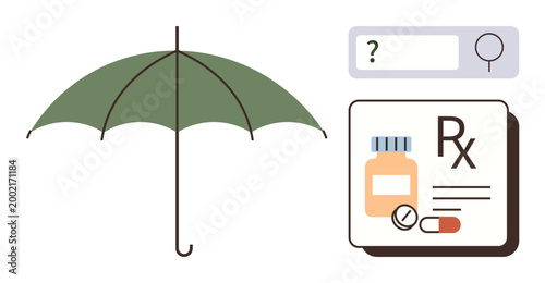 Healthcare access, prescription coverage, online healthcare tools, pharmaceutical information, insurance support, medical research. A green umbrella, search bar and medicine icons. Healthcare access
