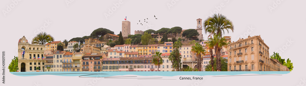 Fototapeta premium Cannes, France. Panoramic view of the castle and historical buildings of the old town of Cannes - art collage