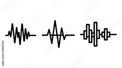 Sound wave and audio signal icons with frequency waveform equalizer visualizer illustration technology broadcast dialogue amplitude spectrum analysis interface recording playback