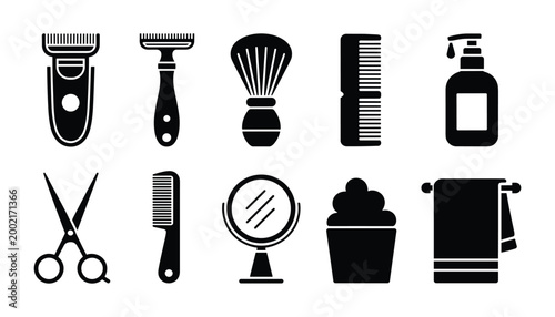 Men's grooming vector kit shaving haircut and barber tools black silhouette icons