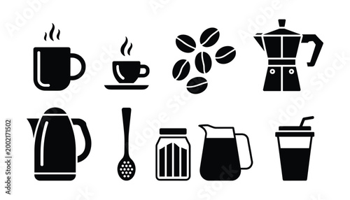 Coffee vector icons moka pot beans cups brewing equipment illustration