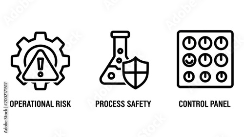 Collection of industrial management icons including operational risk with gear and warning sign process safety with laboratory flask and shield an electronic control panel with knobs industry