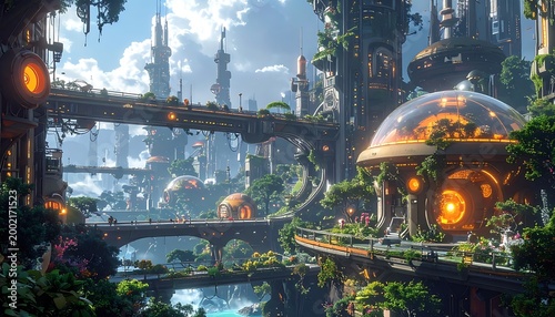 Lush, futuristic city with towering structures, interconnected walkways, and green vegetation under a blue sky with clouds