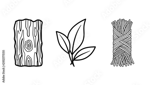 Minimalist line icon set illustrating natural raw materials including a textured tree bark segment a pair of fresh leaves a bundle of dried straw or grass tied together material environment
