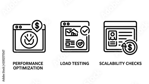 Performance optimization load testing scalability checks icons with line art scalability optimization application software development analysis statistics progress efficiency business