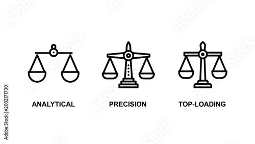 Collection of outline icons featuring different laboratory scales including analytical balance precision weighing scale and top loading balance for scientific measurement laboratory analytical
