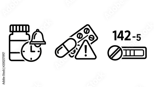 Medical healthcare icon set illustrating medication reminders blister pack warnings and prescription dosage progress tracking with medicine reminder schedule healthcare pharmacy treatment