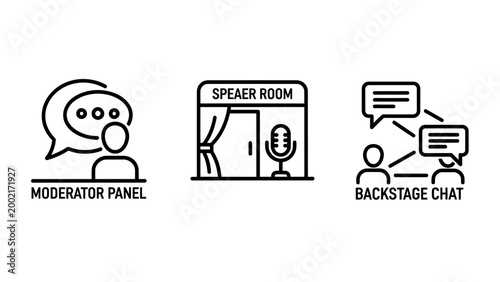 Virtual event and conference management icon set with moderator panel speaker room booth and backstage chat communication moderator microphone backstage communication conference management