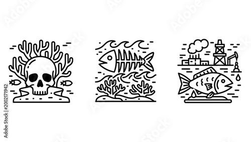 Environmental ocean pollution icon set showing coral reef destruction fish extinction and industrial waste impact on marine life with environment pollution destruction skeleton industry drilling