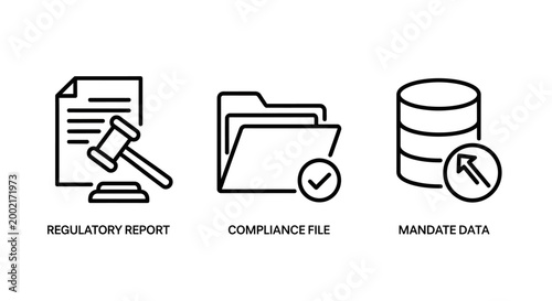Business compliance and legal icons for regulatory reporting file folders and mandate data information management concepts with compliance regulatory business document database regulation