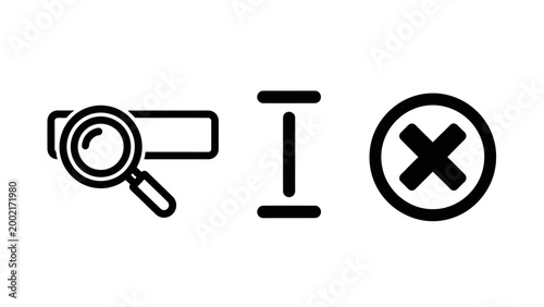Minimalist user interface icon set featuring search bar field text typing cursor and clear input button magnifying interface internet navigation application software technology minimalist