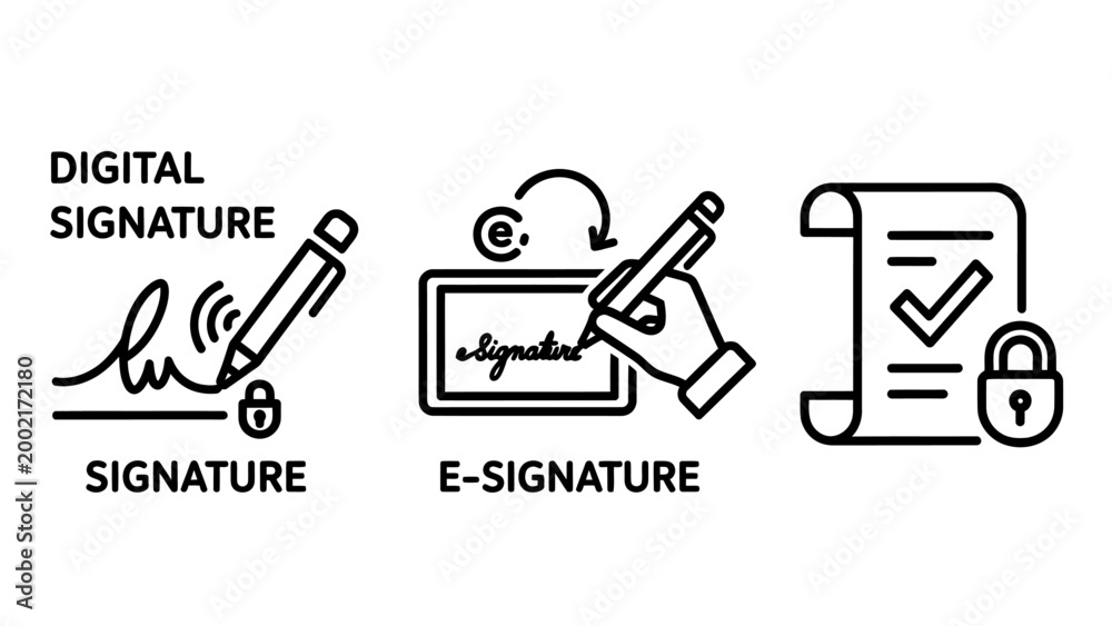 Fototapeta premium Digital and electronic signature icons set illustrating document security stylus signing and encrypted verification with signature electronic security document agreement contract authentication
