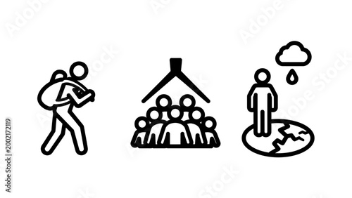 Conceptual social issue icons representing migration humanitarian aid and environmental refugees on a white background with migration humanitarian displacement environment disaster community