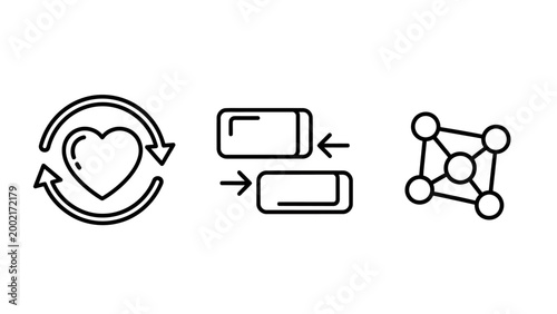 Revolving heart health cycle resizing layout elements abstract network node graph icons recycling dimension connection abstract geometric illustration internet technology development