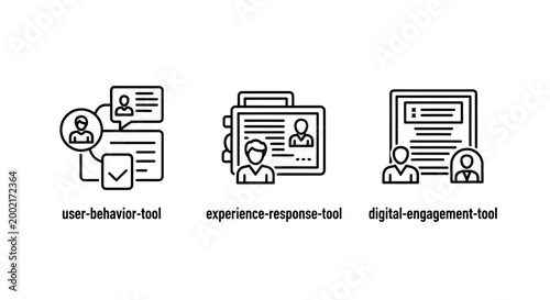 Business interaction and digital engagement tools icons showing user behavior and user experience response with business interaction engagement behavior experience response customer feedback
