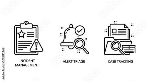 Set of business operation icons featuring incident management alert triage case tracking incident management tracking clipboard magnifying document business corporate analysis security