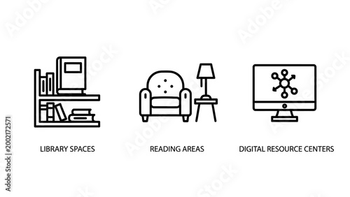 Library and digital resource icon set showing book shelves reading areas computer connectivity with computer resources armchair connection education learning knowledge research information
