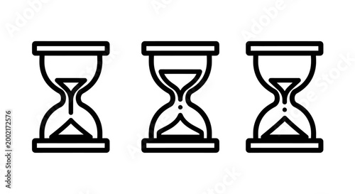 Trio of hourglass icons representing time measurement and passage with minimal black line art hourglass measurement duration sandglass deadline patience counting illustration business