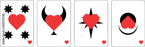 Creative Playing Card Set with Unique Devil, Star, and Moon Heart Symbols for Casino, Game, and Gothic Fantasy Theme Designs