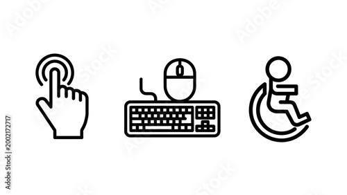 Computer accessibility icons including hand touch gesture computer mouse and keyboard with wheelchair symbol accessibility computer keyboard wheelchair disabled technology interface usability