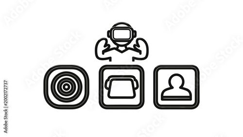 Virtual reality and user interface icons including headset target phone profile symbols in linear style with interface technology communication telecommunication identity simulation experience