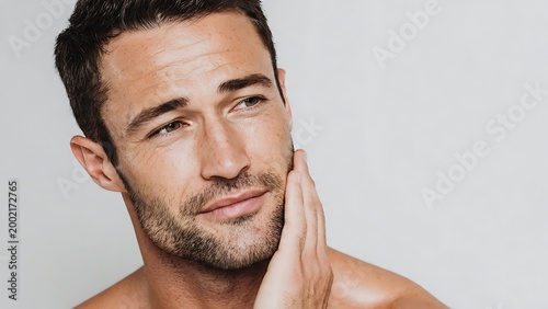A bright, high-key portrait of a handsome Caucasian male with light stubble, emphasizing a clean and refreshed post-shave or post-skincare feeling.