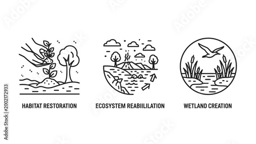 Ecological restoration and environmental conservation concepts icon collection with environment restoration conservation ecosystem planting landscape sustainability protection wildlife