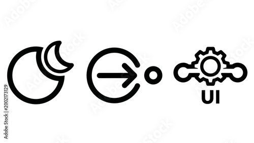 Set of UI system icons including moon symbol arrow enter gear setting with settings interface software development minimalist configuration application navigation computing optimization