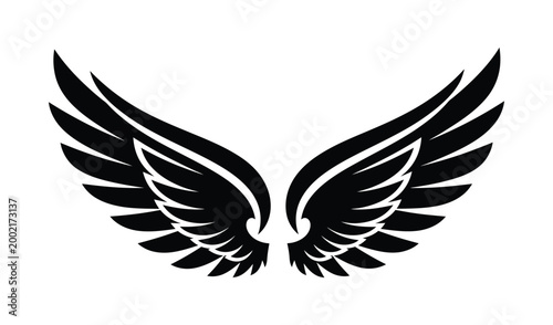 Black and white illustration of stylized wings spread wide