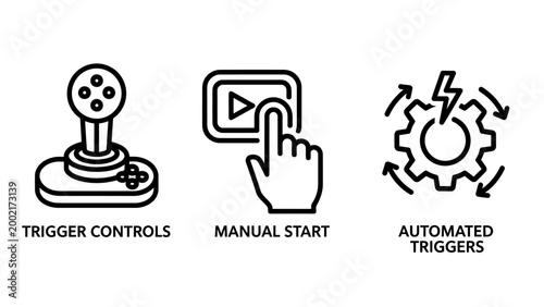 Icon set representing user interaction and trigger mechanisms for software with controls automated triggers joystick lightning interface software automation development application operation