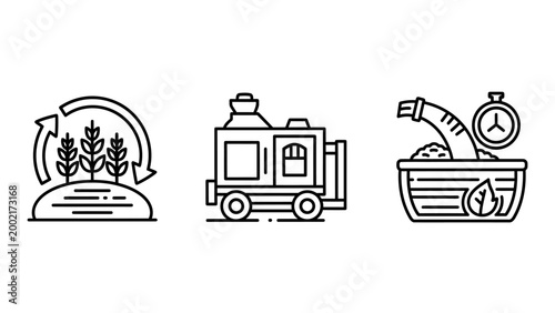 Agricultural process and production line icons set with agriculture harvesting processing production machinery industry technology cultivation equipment automated elements business