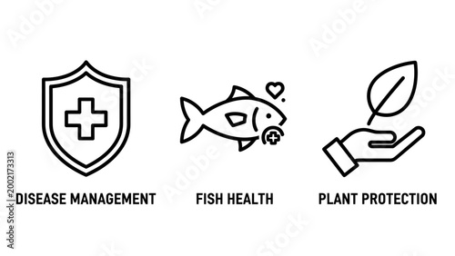 Biological disease management fish health and plant protection icons with management protection biological agriculture veterinary environment prevention treatment cultivation aquaculture