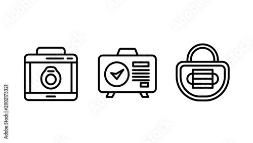 Set of digital storage and security icons: camera storage encrypted case lock with security encryption protection technology information safeguard hardware transfer management confidentiality