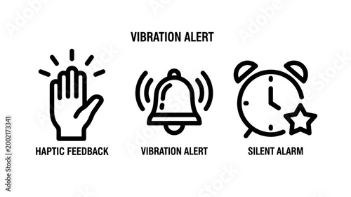 Haptic feedback vibration alert silent alarm notification icons with vibration feedback notification technology settings interface communication actuator vibrating reminder management