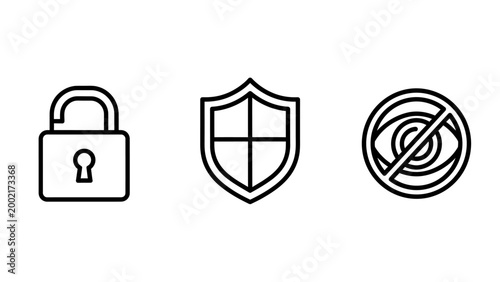 Safety and security line art icon set featuring open padlock shield protection and no visibility eye symbol security protection visibility surveillance internet monochrome prohibited interface