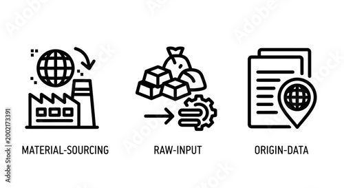 Supply chain and logistics icons representing material sourcing raw input origin data tracking logistics sourcing tracking manufacturing material industry production distribution
