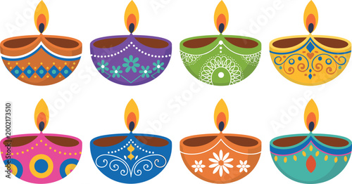 Decorative diya lamp illustration with colorful festive designs symbolizing Diwali celebration and cultural tradition