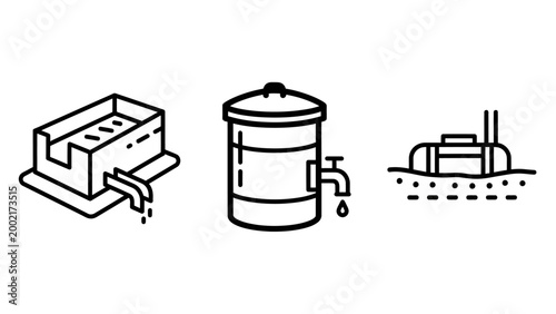 Set of environmental waste and water treatment icons with treatment pollution environment purification industrial infrastructure sewerage drainage technology engineering processing isolated