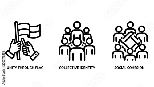Sociology and community concept icons representing unity through flag collective identity social cohesion with community identity cohesion teamwork patriotism connection collaboration together
